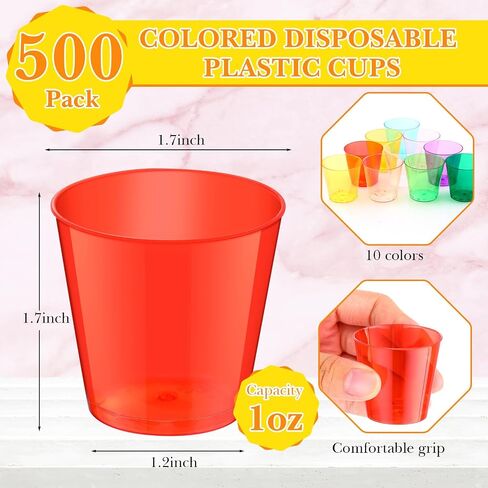 Tioncy 500 Pack Colored Disposable Plastic Cups Neon Plastic Shot Glasses 1 OZ Tasting Cups Mini Cups Shot Glasses Party Shot Cups for Wine, Condiments, Sauce, Birthday, 10 Colors in Saudi Arabia
