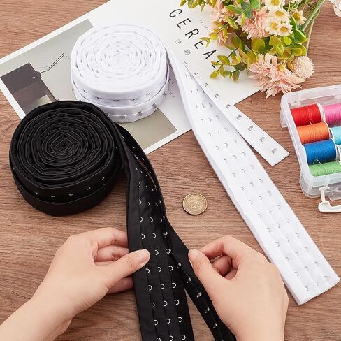 WADORN 2 Colors Hook and Eye Trim Tape, Total 4.5 Yards Pair Three Row Hook and Eye Tape Trim with Silver Hardware Bra Extender for Sewing Quilting Corset Bra Dress Dance Bridal Costumes, Black+White in Saudi Arabia