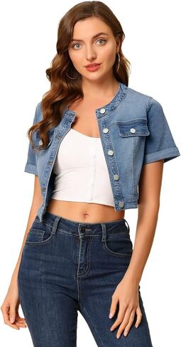 Allegra K Denim Jacket for Women's Crew Neck Crop Short Sleeve Jean Jacket in Saudi Arabia