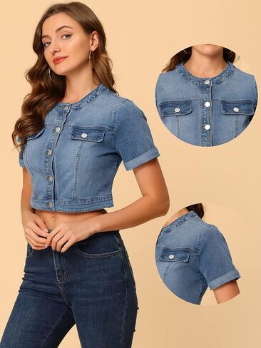 Allegra K Denim Jacket for Women's Crew Neck Crop Short Sleeve Jean Jacket in Saudi Arabia