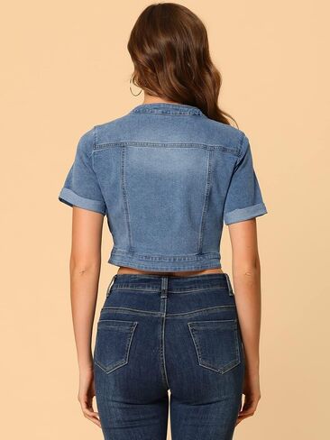 Allegra K Denim Jacket for Women's Crew Neck Crop Short Sleeve Jean Jacket in Saudi Arabia