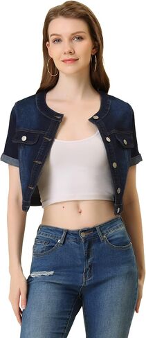 Allegra K Denim Jacket for Women's Crew Neck Crop Short Sleeve Jean Jacket in Saudi Arabia