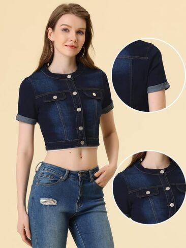 Allegra K Denim Jacket for Women's Crew Neck Crop Short Sleeve Jean Jacket in Saudi Arabia