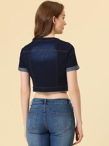 Allegra K Denim Jacket for Women's Crew Neck Crop Short Sleeve Jean Jacket in Saudi Arabia