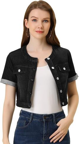 Allegra K Denim Jacket for Women's Crew Neck Crop Short Sleeve Jean Jacket in Saudi Arabia