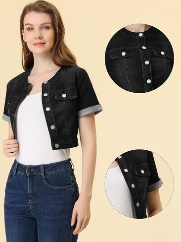 Allegra K Denim Jacket for Women's Crew Neck Crop Short Sleeve Jean Jacket in Saudi Arabia