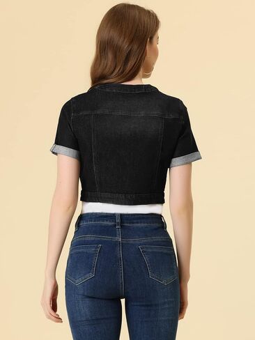 Allegra K Denim Jacket for Women's Crew Neck Crop Short Sleeve Jean Jacket in Saudi Arabia