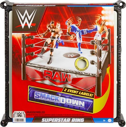 مجموعة لعب Mattel WWE Superstar Ring مع سجادة زنبركية و4 ملصقات لمئزر الأحداث وحبال التوتر الاحترافية، 35.56 سم in Kuwait