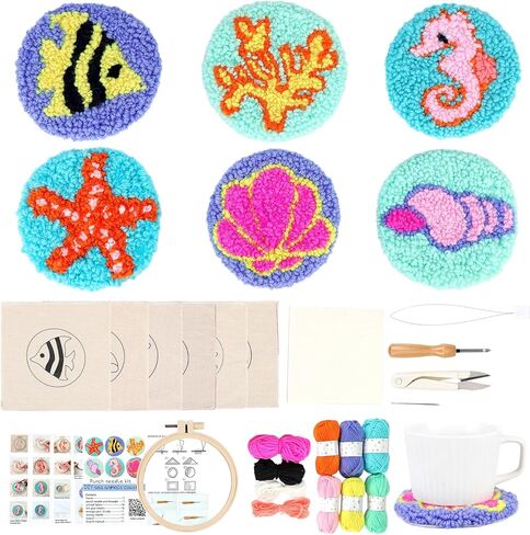 مجموعة قواعد الأكواب بإبرة Punch من MARFOREVER للبالغين المبتدئين، 28 قطعة من مجموعات التطريز بإبرة سهلة مع أدوات، ولباد لاصق، وخيوط، وحلقة تطريز وتعليمات صناعة الوقايات الفنية DIY (المحيط) in Kuwait