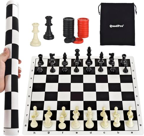مجموعة QuadPro للشطرنج والداما المحمولة مقاس 20 بوصة، مجموعة ألعاب الشطرنج القابلة للطي للسفر 2 في 1 مع ملكتين إضافيتين وقطعتين إضافيتين من قطع الداما وحقيبة تخزين للأطفال والكبار in Kuwait