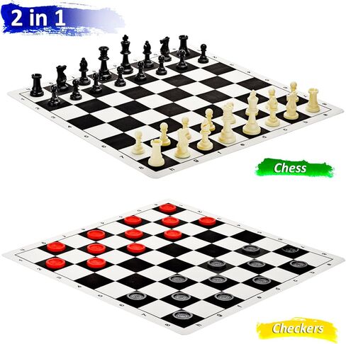 مجموعة QuadPro للشطرنج والداما المحمولة مقاس 20 بوصة، مجموعة ألعاب الشطرنج القابلة للطي للسفر 2 في 1 مع ملكتين إضافيتين وقطعتين إضافيتين من قطع الداما وحقيبة تخزين للأطفال والكبار in Kuwait