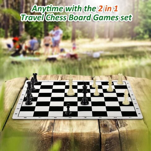 مجموعة QuadPro للشطرنج والداما المحمولة مقاس 20 بوصة، مجموعة ألعاب الشطرنج القابلة للطي للسفر 2 في 1 مع ملكتين إضافيتين وقطعتين إضافيتين من قطع الداما وحقيبة تخزين للأطفال والكبار in Kuwait
