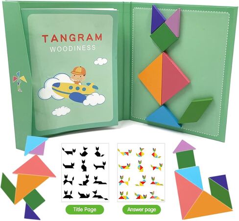 Wooden Puzzle Tangram Book, Travel Magnetic Puzzle, Travel Games Montessori Shape Pattern Blocks Jigsaw for Kids Adult Challenge IQ Educational Toy Gift, On The Go Toys for Kids, Boys, Girls in Saudi Arabia