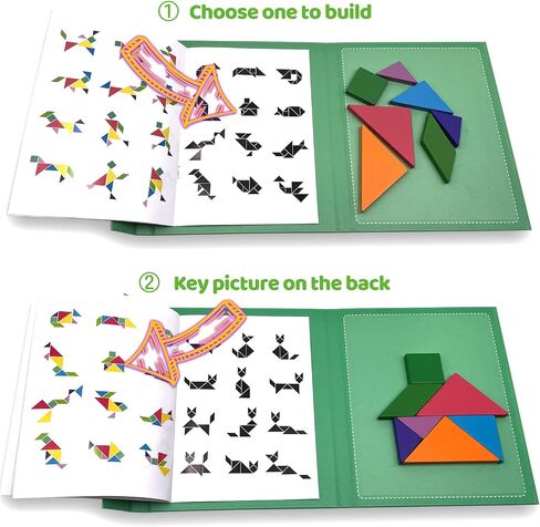 Wooden Puzzle Tangram Book, Travel Magnetic Puzzle, Travel Games Montessori Shape Pattern Blocks Jigsaw for Kids Adult Challenge IQ Educational Toy Gift, On The Go Toys for Kids, Boys, Girls in Saudi Arabia
