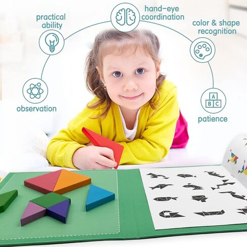 Wooden Puzzle Tangram Book, Travel Magnetic Puzzle, Travel Games Montessori Shape Pattern Blocks Jigsaw for Kids Adult Challenge IQ Educational Toy Gift, On The Go Toys for Kids, Boys, Girls in Saudi Arabia