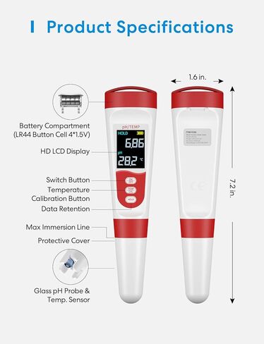 meross PH Meter, Digital PH Meter for Water Hydroponics with ATC, IP67 PH/Temp 2 in 1 Tester Pen with 0-14 PH Measurement Range, 0.01PH High Accuracy Mini Pen for Pool, Drinking Water and Aquarium in Saudi Arabia