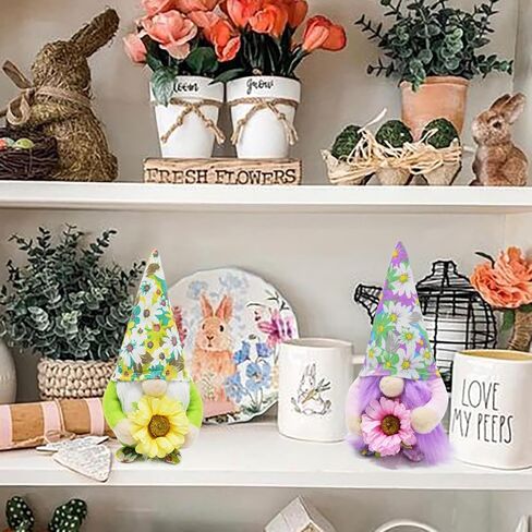 attiigny مجموعة من 2 عطلة الربيع زهرة التماثيل ديكور للمنزل، علبة عيد الفصح الصغيرة المتدرجة قزم السويدية القزم دمية، اليدوية الصيف نمط عباد الشمس سانتا التماثيل الهدايا للأصدقاء والعائلة in Kuwait