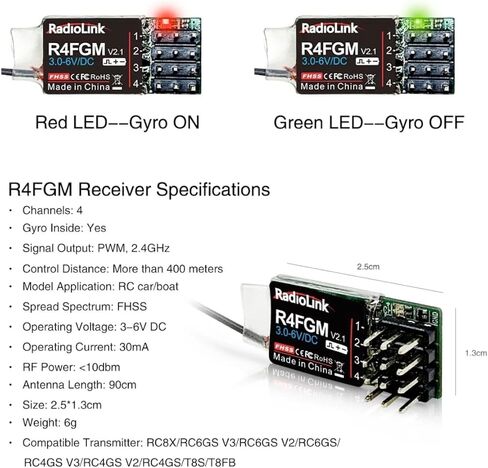 جهاز استقبال جيروسكوبي من Radiolink R4FGM 2.4Ghz 4 قنوات RC بطول 400 متر طويل المدى للسيارات الصغيرة جهاز إرسال RC RC8X RC4GS V3/RC6GS V3/T8S/T8FB in Kuwait