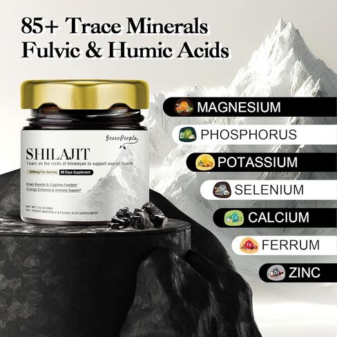 GREENPEOPLE 600 ملغ من راتنج الهيمالايا شيلاجيت مع 89 معدنًا نادرًا وحمض الفولفيك - فعالية عالية للرجال والنساء، شيلاجيت من الدرجة الذهبية للطاقة والمناعة - 100 حصة / 60 جم ​​- نكهة شيلاجيت in Kuwait
