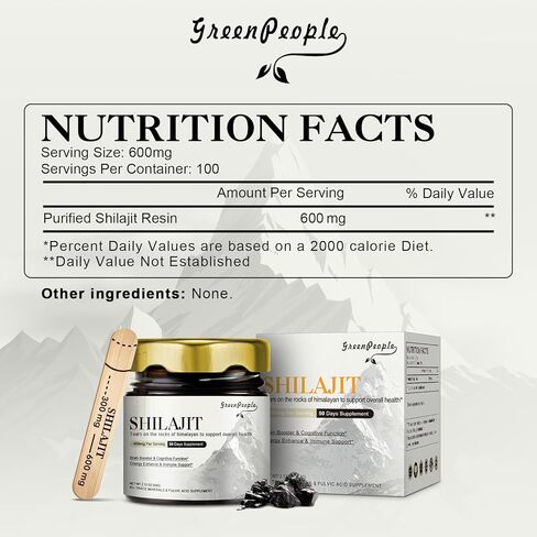 GREENPEOPLE 600 ملغ من راتنج الهيمالايا شيلاجيت مع 89 معدنًا نادرًا وحمض الفولفيك - فعالية عالية للرجال والنساء، شيلاجيت من الدرجة الذهبية للطاقة والمناعة - 100 حصة / 60 جم ​​- نكهة شيلاجيت in Kuwait