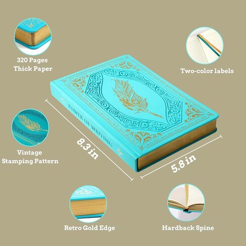 CAGIE Vintage Journal للنساء، 320 صفحة دفتر ورق سميك بحافة ذهبية، A5 غلاف مقوى دفتر يوميات جلدية للكتابة، 5.7 بوصة × 8.3 بوصة، أزرق in Kuwait