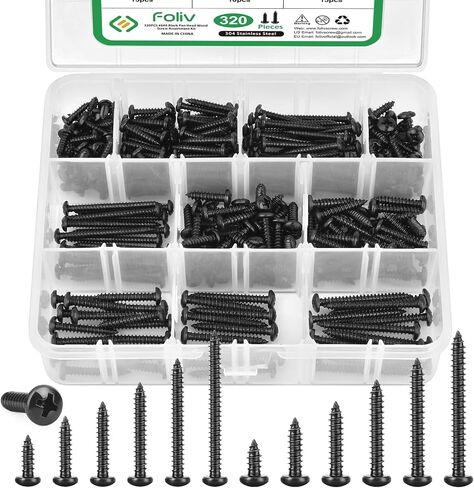 FOLIV 320PCS #6, 8 Black Pan Head Wood Screw Assortment Kit, 304 Stainless Steel Self Tapping Screws, Black Oxide in Saudi Arabia