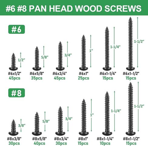FOLIV 320PCS #6, 8 Black Pan Head Wood Screw Assortment Kit, 304 Stainless Steel Self Tapping Screws, Black Oxide in Saudi Arabia