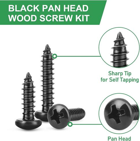 FOLIV 320PCS #6, 8 Black Pan Head Wood Screw Assortment Kit, 304 Stainless Steel Self Tapping Screws, Black Oxide in Saudi Arabia