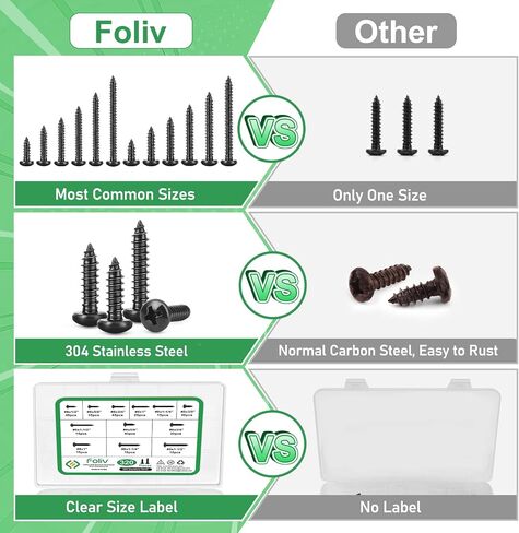 FOLIV 320PCS #6, 8 Black Pan Head Wood Screw Assortment Kit, 304 Stainless Steel Self Tapping Screws, Black Oxide in Saudi Arabia