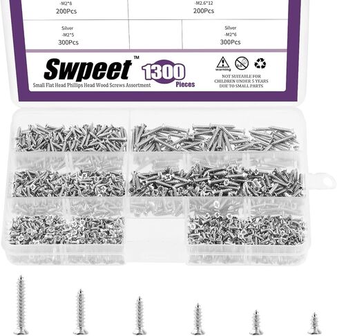 Swpeet 1295Pcs 5mm 6mm 8mm 10mm 12mm 16mm Small Wood Screws Assortment Kit, Self Drilling Flat Cross Head Screws Self Tapping Screws Metal Screws Furniture Screws (Gold) in Saudi Arabia