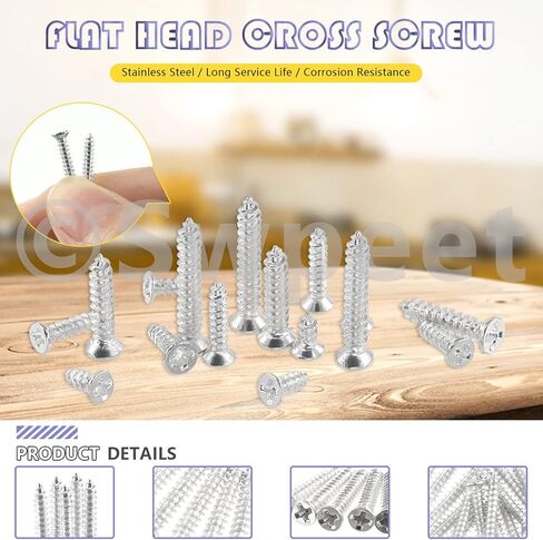 Swpeet 1295Pcs 5mm 6mm 8mm 10mm 12mm 16mm Small Wood Screws Assortment Kit, Self Drilling Flat Cross Head Screws Self Tapping Screws Metal Screws Furniture Screws (Gold) in Saudi Arabia