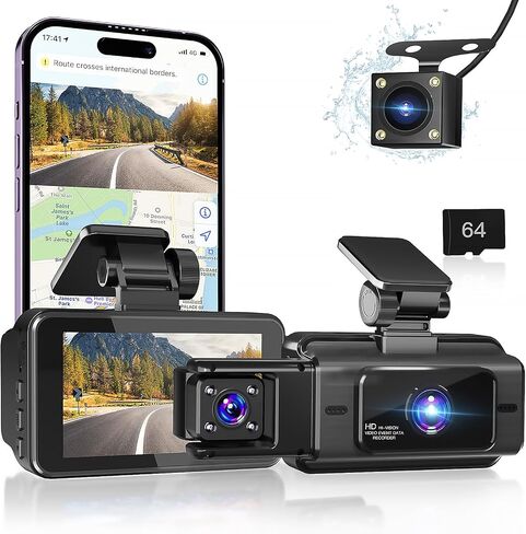 3 Channel Dash Cam Front and Rear,4K Full HD Dash Camera for Cars with 64G SD Card Built-in WiFi Car Dashboard Camera Recorder with 3'' IPS Screen 170°Wide Angle,WDR G-Sensor Parking Mode. in Saudi Arabia