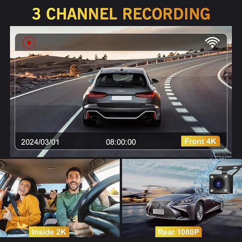 3 Channel Dash Cam Front and Rear,4K Full HD Dash Camera for Cars with 64G SD Card Built-in WiFi Car Dashboard Camera Recorder with 3'' IPS Screen 170°Wide Angle,WDR G-Sensor Parking Mode. in Saudi Arabia