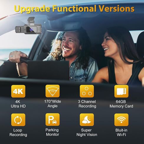 3 Channel Dash Cam Front and Rear,4K Full HD Dash Camera for Cars with 64G SD Card Built-in WiFi Car Dashboard Camera Recorder with 3'' IPS Screen 170°Wide Angle,WDR G-Sensor Parking Mode. in Saudi Arabia