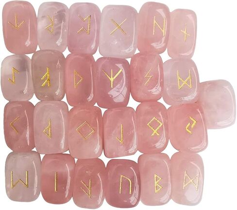 Loveliome Natural Rune Stones Set, Polished Engraved Elder Alphabet Magic Lettering Crystal Set for Meditation Divination Chakra Healing,Rose Quartz in Saudi Arabia