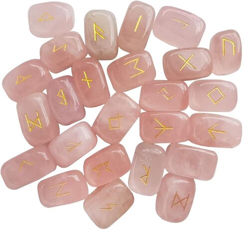 Loveliome Natural Rune Stones Set, Polished Engraved Elder Alphabet Magic Lettering Crystal Set for Meditation Divination Chakra Healing,Rose Quartz in Saudi Arabia