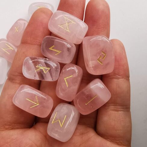 Loveliome Natural Rune Stones Set, Polished Engraved Elder Alphabet Magic Lettering Crystal Set for Meditation Divination Chakra Healing,Rose Quartz in Saudi Arabia