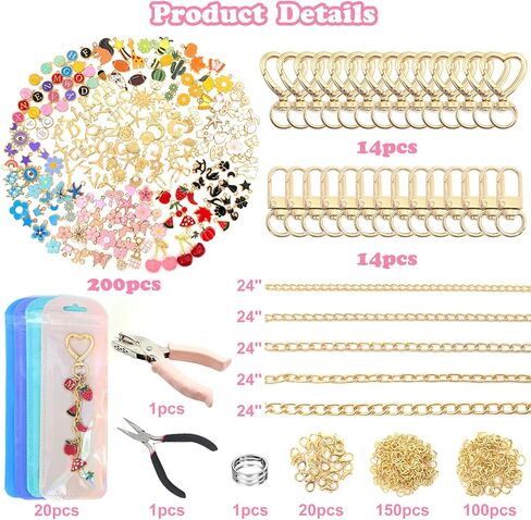 طقم صنع سلسلة مفاتيح ملمع الشفاه الساحرة 328 قطعة، لوازم سلسلة المفاتيح DIY مع 128 قطعة سحرية، 20 مشبكًا، حلقات القفز، سلسلة، زرادية مجوهرات، ثقب ثقب، طقم حلية للحقيبة، طقم صنع المجوهرات لصناعة سلاسل المفاتيح in Kuwait