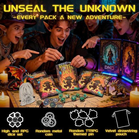 Mystery Oddity Dice Pack – Random Premium RPG Dices for TTRPG Gamers & Dice Goblins | Die Blind Bag with Velvet Pouch, Coin & Pin | Unique Gift for DND Player & DM in Saudi Arabia