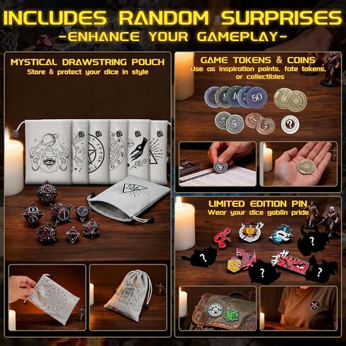 Mystery Oddity Dice Pack – Random Premium RPG Dices for TTRPG Gamers & Dice Goblins | Die Blind Bag with Velvet Pouch, Coin & Pin | Unique Gift for DND Player & DM in Saudi Arabia