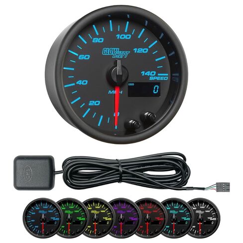GlowShift Black 7 Color 140 MPH GPS Speedometer Gauge with Speed Sensor Antenna - Mounts in Custom Dashboard - Odometer - Resettable Trip Meter - Black Dial - Clear Lens - 3-3/8" 85mm in Saudi Arabia