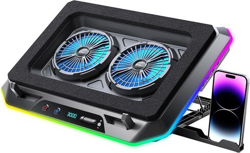 KYOLLY 2024 Upgarde Metal RGB Laptop Cooling Pad Gaming Laptop Cooler with 2 Large Fans, Adjustable Fan Speed, 7 Height Stand, 10 Modes Light with Memory Function for 10-17.3 Inch Laptops… in Saudi Arabia