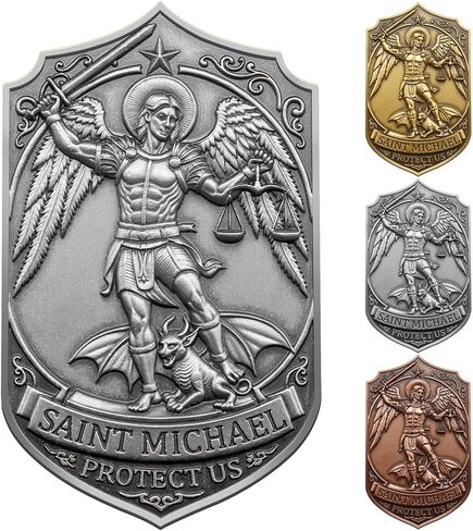ميدالية St Michael Archangel لمشبك قناع السيارة، ملحقات مركبة Saint Archangel Michael محفورة ثلاثية الأبعاد، حماية إلهية وسفر آمن (فضي عتيق) in Kuwait