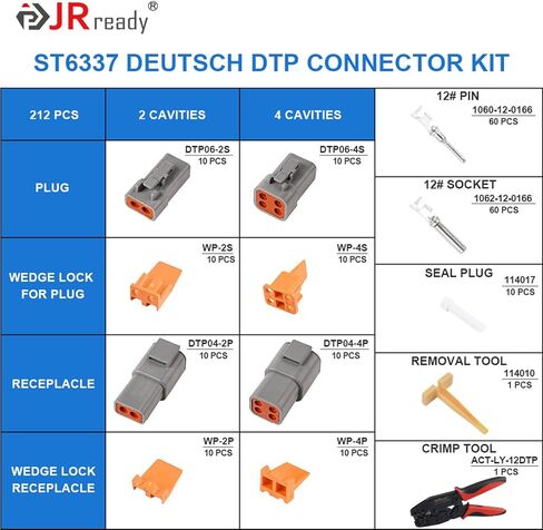 مجموعة موصلات JRready ST6337 Deutsch DTP 2 4 Pin، 12-14AWG مقاس اتصالات مختومة 12(25 A) مع أداة تجعيد ألمانية (ACT-LY-12DTP)، طقم موصل سيارات Deutsch DTP 2pin 4pin مقاوم للماء 212 قطعة in Saudi Arabia