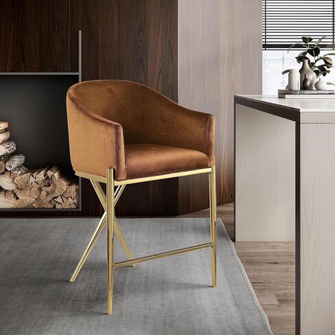 Meridian Furniture 867Saddle-C Xavier Collection Velvet Upholstered Counter Stool with Sturdy Gold Metal Legs, Pink, 23.5" W x 22.5" D x 38" H in Saudi Arabia