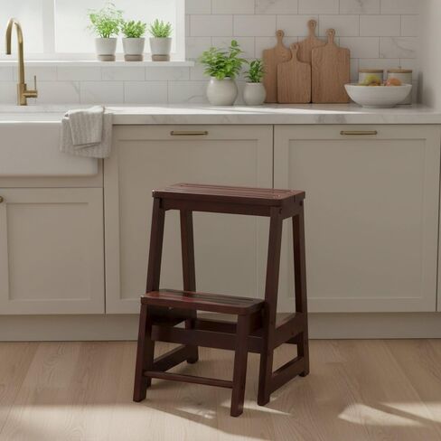 Solid Wood Step Stool, Two Step Design, Foldable Lower Step for Storage, Sturdy and Dependable, Brown Finish in Saudi Arabia