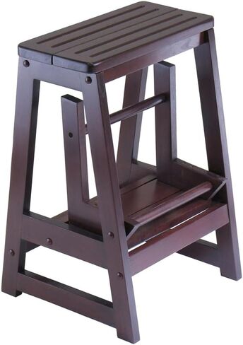 Solid Wood Step Stool, Two Step Design, Foldable Lower Step for Storage, Sturdy and Dependable, Brown Finish in Saudi Arabia