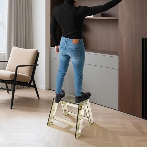 Step Ladder, Protable 2 Step Stool for Adults, Foldable Clear Stool Decorative Modern Foot Stool, Display Storage Shelf Flower Rack, Photography Props for Indoor Outdoor Library Kitchen (Clear&Coffee) in Saudi Arabia