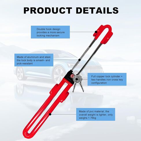 Steering Wheel Lock, Heavy Duty Anti-Theft Car Device Wheel Lock with 2 Keys, Adjustable Steering Wheel Locking Gear Great Deterrent for Vehicle Security, Car Accessories (Red) in Saudi Arabia