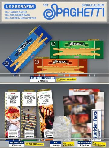 الألبوم المنفرد الأول LE SSERAFIM SPAGHETTI [إصدار CHEEKY NEON PEPPER.] قرص مضغوط + كتاب صور + بطاقة صور + بطاقة بريدية + ملصق in Kuwait